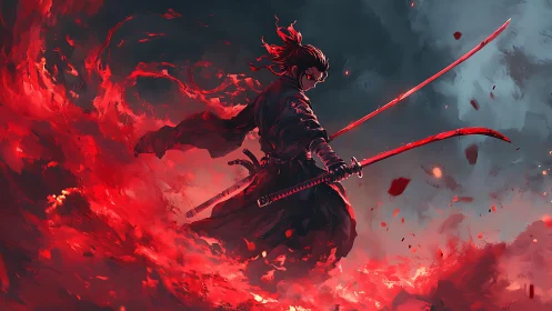 Crimson vortex warrior with dual katanas in infernal storm