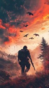 Solitary armed figure crossing rugged valley at sunset sky.