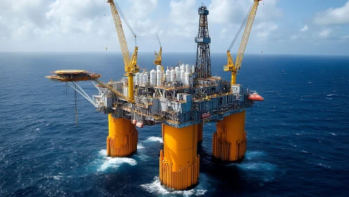 Offshore oil drilling platform with cranes in open ocean.
