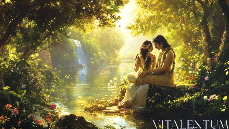 Enchanted riverside couple share quiet love in golden light