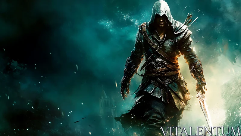 Hooded rogue strides through stormlit emerald battle haze.