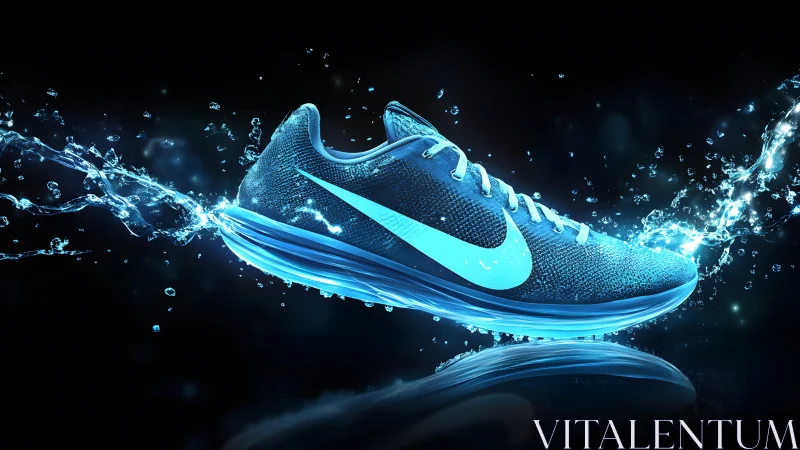 Futuristic neon blue running shoe with water splash effect, digital style. Futuristic neon blue running shoe with water splash effect, digital style.