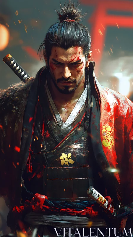 Battle-worn samurai stands steady in glowing embers of war