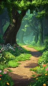 Forest pathway with ancient tree and flowering ground vegetation.