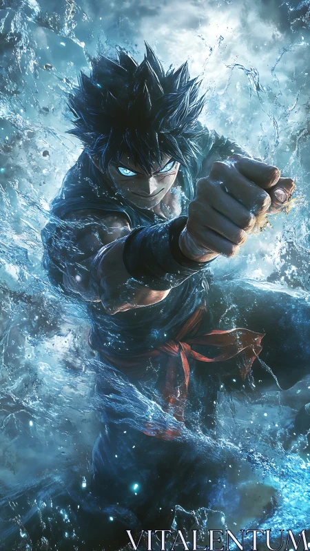 Water-charged anime warrior unleashes dynamic forward strike.