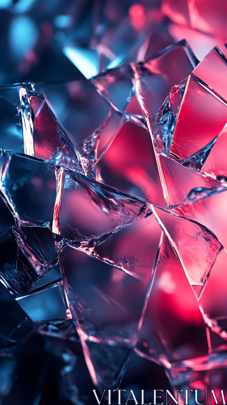 Shimmering glass shards glowing in soft neon blue and pink.