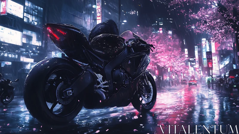 Cyberpunk superbike under neon rain with sakura reflections.