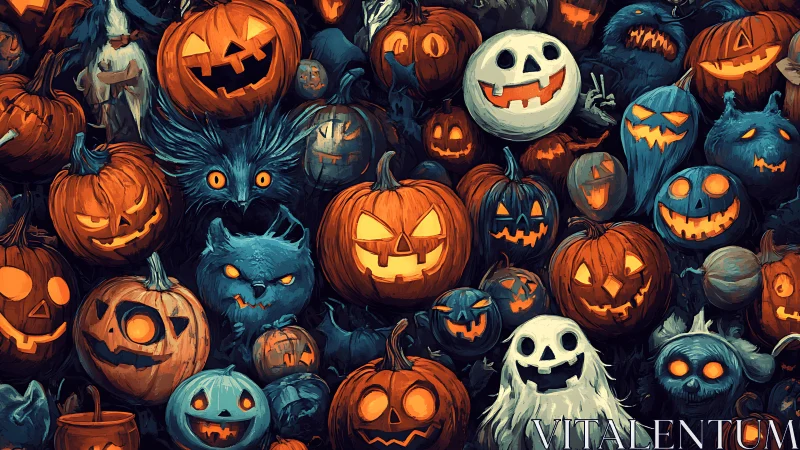Playful pumpkin crowd and friendly ghosts in spooky glow.