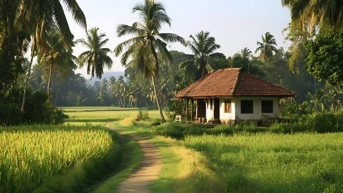 Sunlit village cottage cradled by palms and winding path.