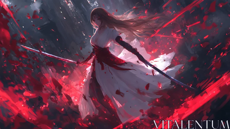 Sword-wielding warrior in crimson-splashed digital storm.