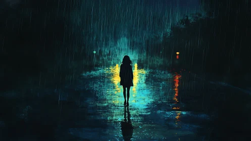 Silhouetted figure in neon-lit rain on reflective street.