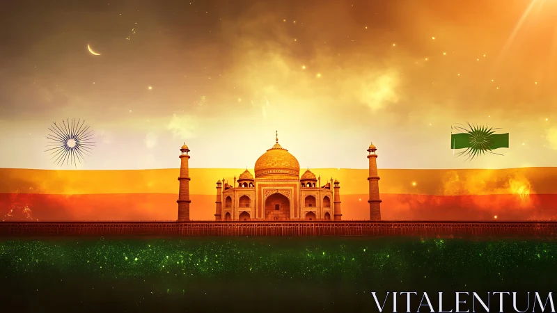 Illuminated Taj Mahal framed by stylized tricolor sky and flags