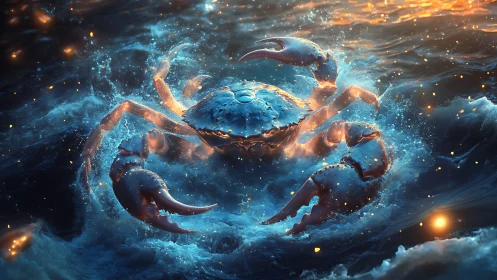 Mythic ocean crab rising through glowing storm surf.