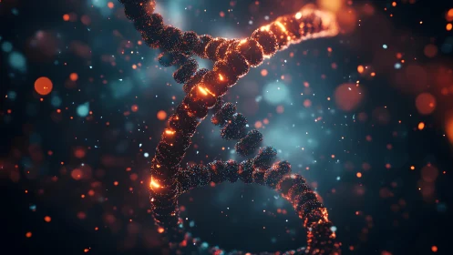 Glowing DNA double helix in a vibrant digital art style.