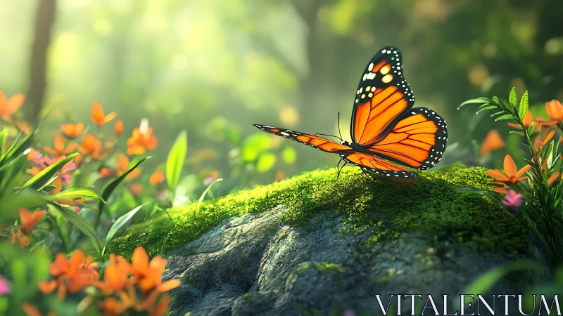 Vibrant Monarch Butterfly on Mossy Rock in Sunlit Garden Scene.
