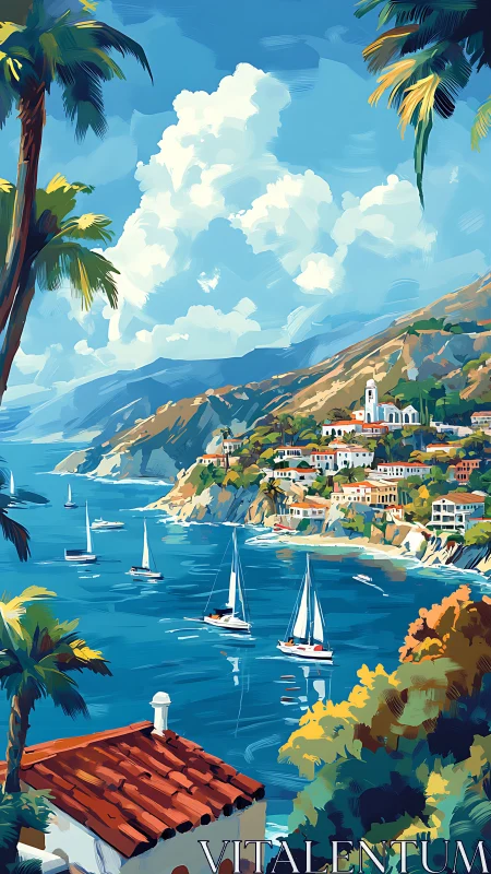 Sunny seaside village and sailboats in a bright blue bay.