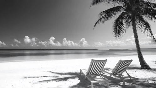 Monochrome Beach Retreat with Palm and Loungers