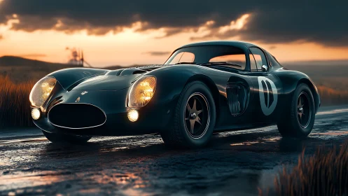 Vintage racing coupe on wet road under stormy sunset sky.