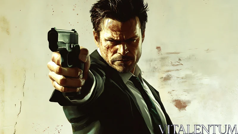 Gritty gunman portrait with extended pistol in focus.