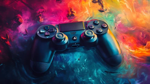 PlayStation 4 controller positioned against fluid abstract background