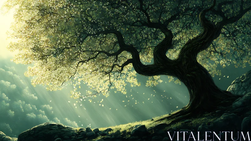 Curved tree trunk intersects directed light beams on hillside