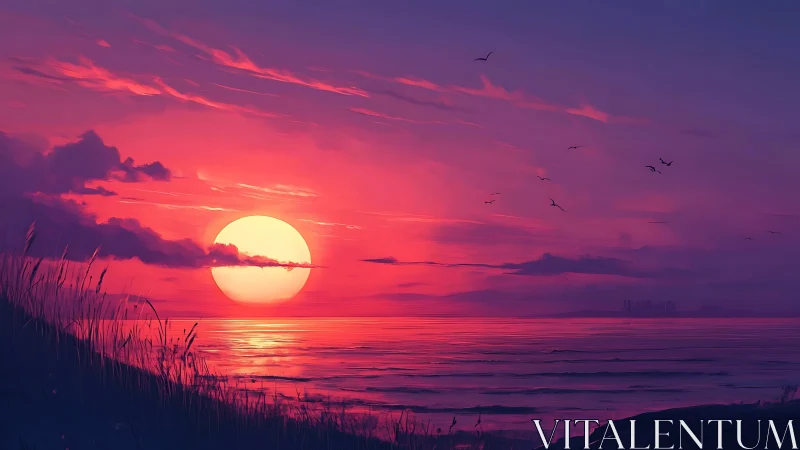 Soft violet sunset over calm sea and distant city glow.