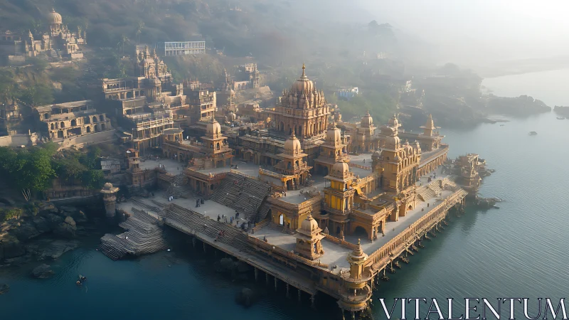 Morning mist over riverside temple city complex at sunrise.