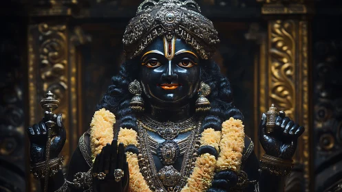 Black stone deity sculpture with garlands and ornaments.