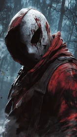 Bloodstained masked figure dominates misty forest backdrop