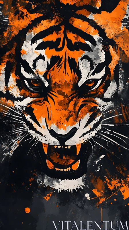 Roaring tiger face erupts in bold orange paint splashes.