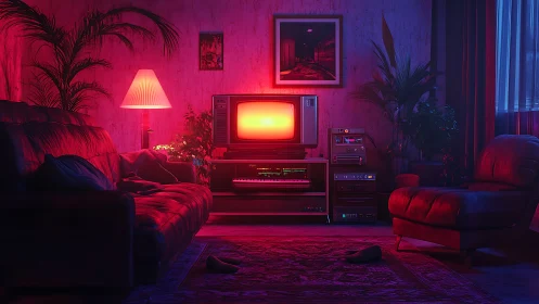 Neon glow bathes a retro living room in nostalgic warmth