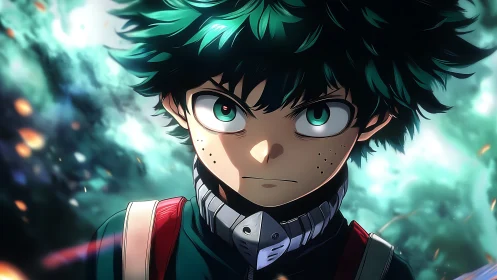 Green-haired anime boy portrait with intense forward gaze.