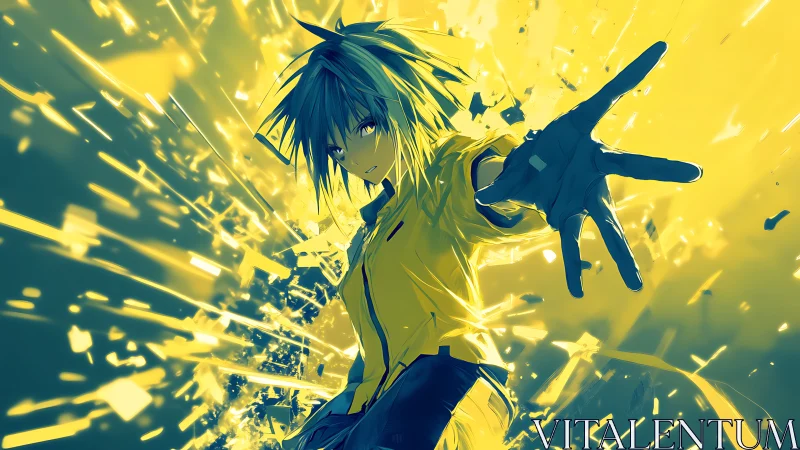 Anime character extends hand amid yellow energy shards