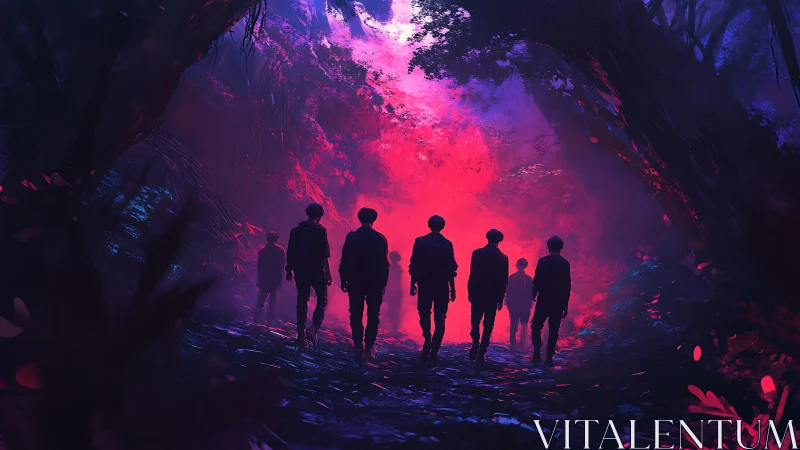Seven young explorers walk toward a glowing forest portal