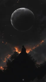 Lone cloaked figure on forested peak beneath eclipsed moon