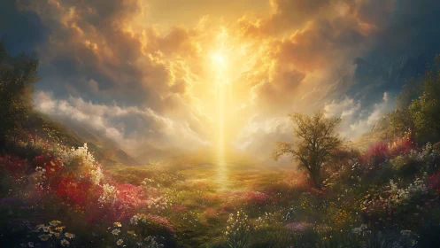 Radiant volumetric sunrise over hyper-detailed floral valley.