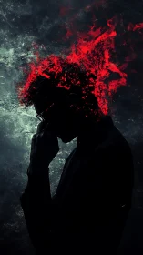 Silhouette of pensive figure with red abstract head burst.