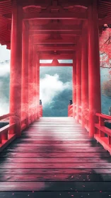 Crimson mountain torii bridge opens into misty tranquility