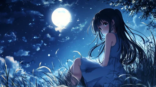 Girl sits in moonlit grass under bright starry night sky