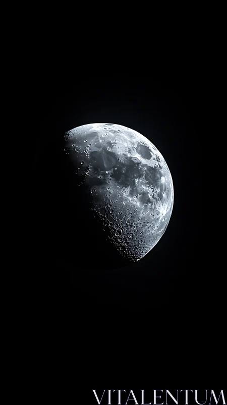 Half-illuminated moon reveals detailed craters in space.
