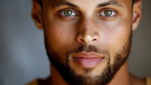 Male face close-up with neutral expression and beard detail.
