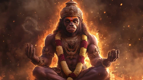 Fiery meditative deity in ornate garlands and armor.