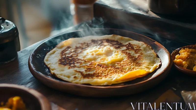 Golden breakfast crepe steaming on a rustic wooden plate.