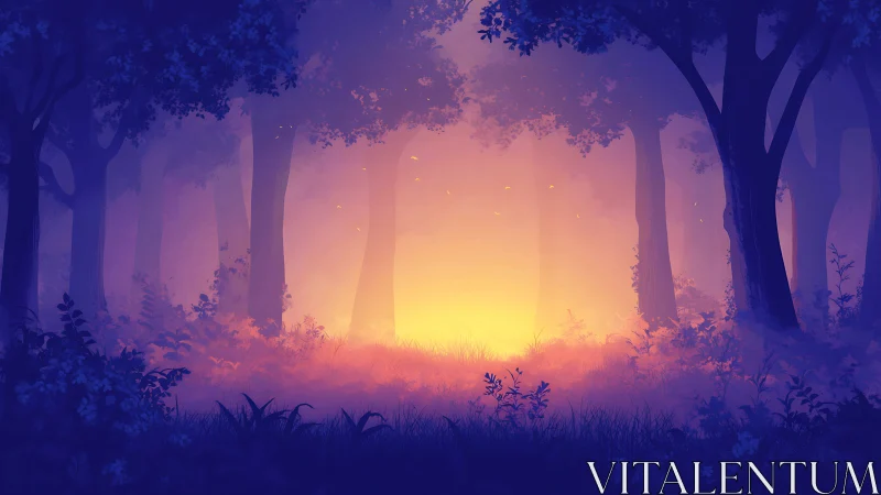 Enchanted Forest Sunrise with Golden Light Through Ancient Trees.