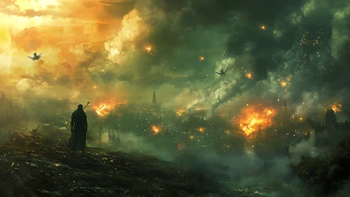 Solitary warlord surveying incendiary post-siege metropolis.