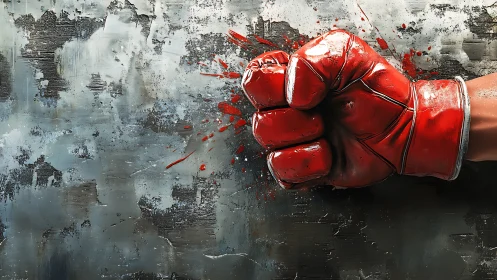 Red boxing glove impacts weathered wall with explosive force