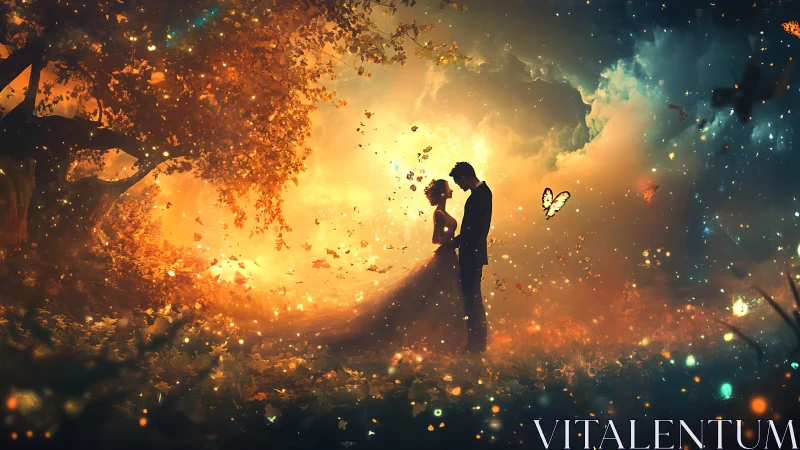 Couple in Golden Light Surrounded by Glowing Particles