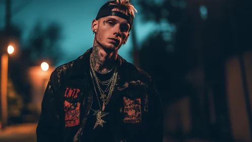 Tattooed man in streetwear at night in urban alleyway.