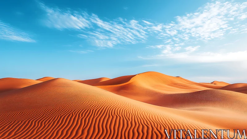 Sunlit desert dunes with sculpted ripples and azure sky.