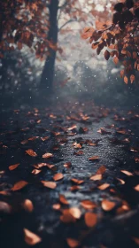 Quiet forest path wrapped in gentle autumn rainlight.